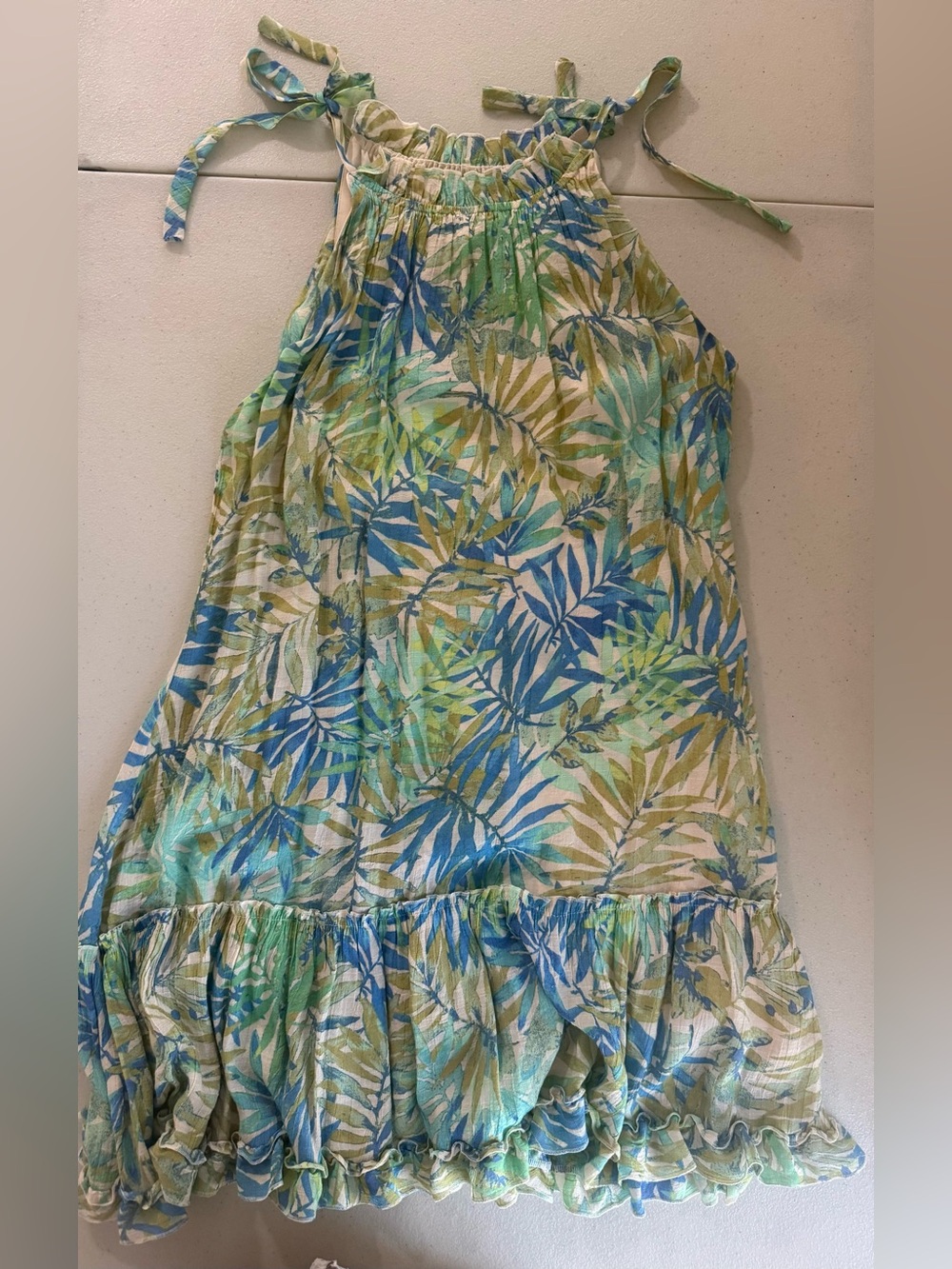 Robbie Bee Tropical Leaf Ruffle Waist Skirt - Blue, Green, Cream